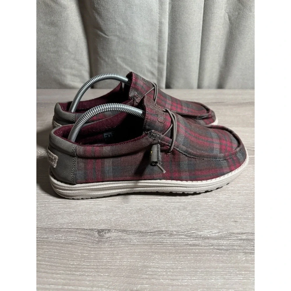 Hey Dude Mens 9 Wally Funk Wool Collection Plaid Burgundy Grey Loafers Casual